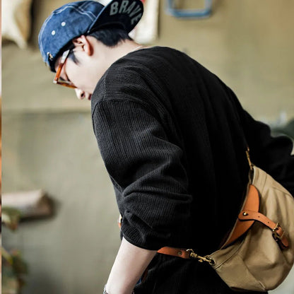 Maden Maglione girocollo nero da uomo Felpa con cappuccio lavorata a maglia ampia Autunno Casual Pullover con maniche a spalla cadente Colletto a coste elasticizzato - StepByStepNow