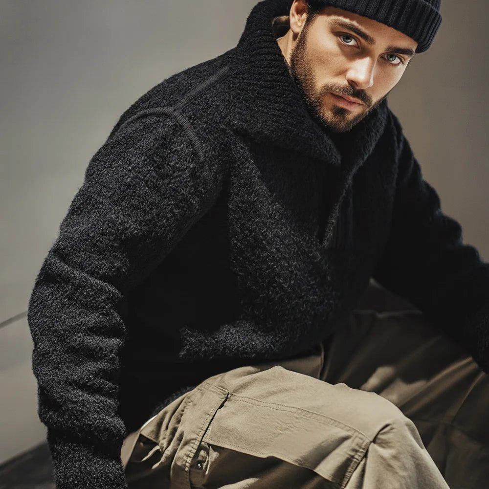 MADEN Maglione lavorato a maglia pesante da uomo 2024 Autunno Inverno Manica lunga Colletto rovesciato Polo in filato ad anello Maglieria pullover caldo - StepByStepNow