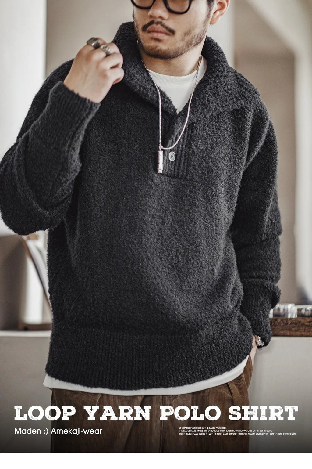 MADEN Maglione lavorato a maglia pesante da uomo 2024 Autunno Inverno Manica lunga Colletto rovesciato Polo in filato ad anello Maglieria pullover caldo - StepByStepNow