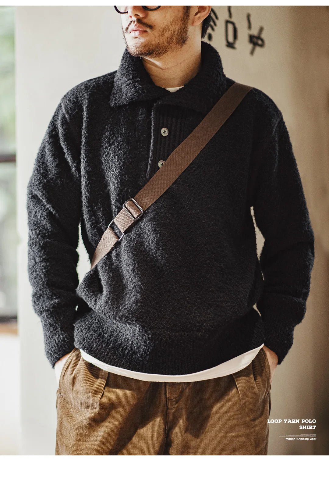 MADEN Maglione lavorato a maglia pesante da uomo 2024 Autunno Inverno Manica lunga Colletto rovesciato Polo in filato ad anello Maglieria pullover caldo - StepByStepNow