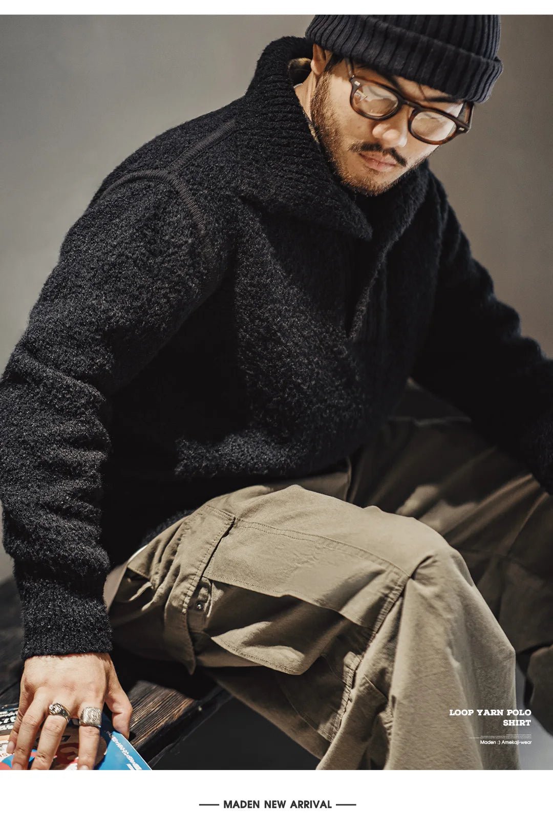 MADEN Maglione lavorato a maglia pesante da uomo 2024 Autunno Inverno Manica lunga Colletto rovesciato Polo in filato ad anello Maglieria pullover caldo - StepByStepNow