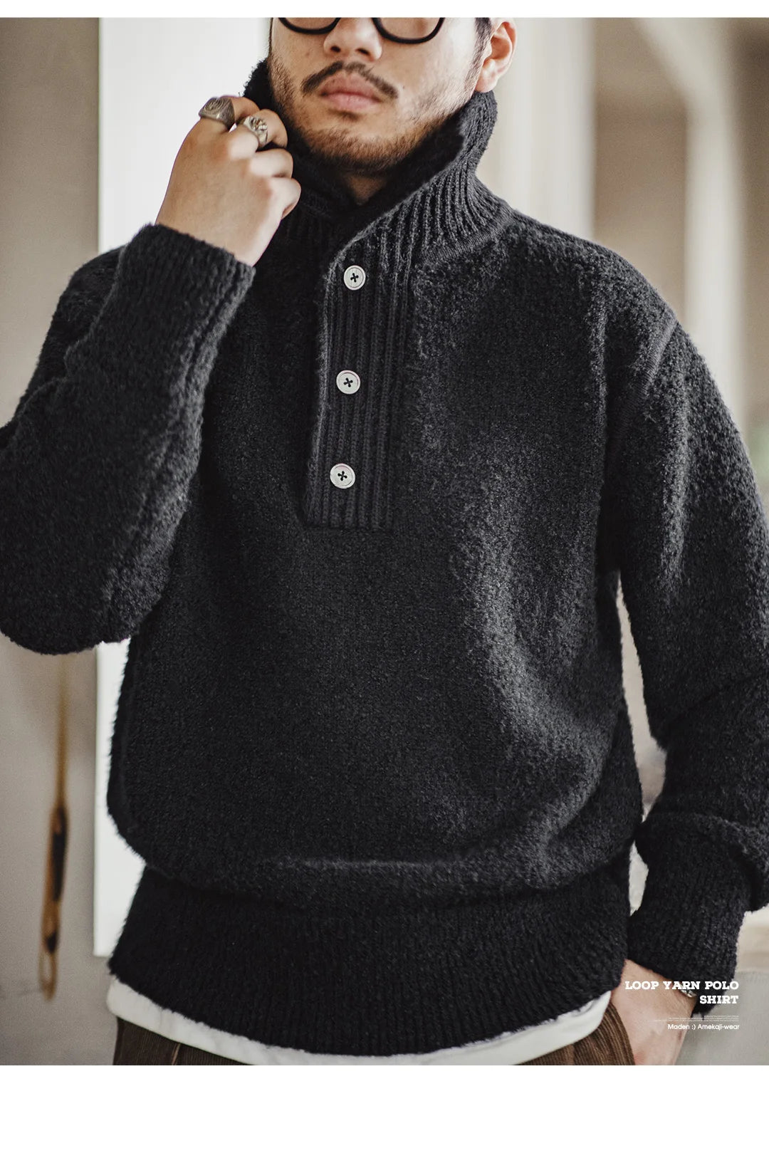 MADEN Maglione lavorato a maglia pesante da uomo 2024 Autunno Inverno Manica lunga Colletto rovesciato Polo in filato ad anello Maglieria pullover caldo - StepByStepNow