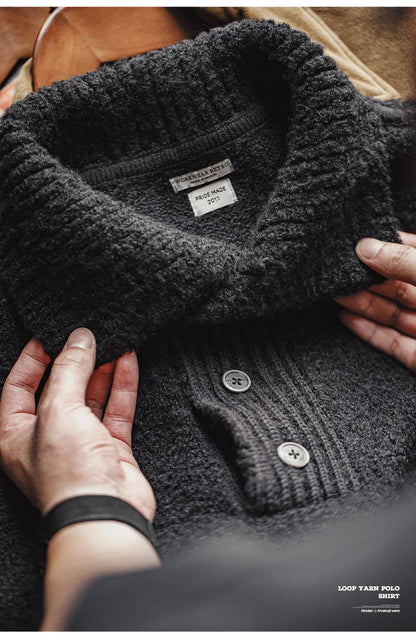 MADEN Maglione lavorato a maglia pesante da uomo 2024 Autunno Inverno Manica lunga Colletto rovesciato Polo in filato ad anello Maglieria pullover caldo - StepByStepNow