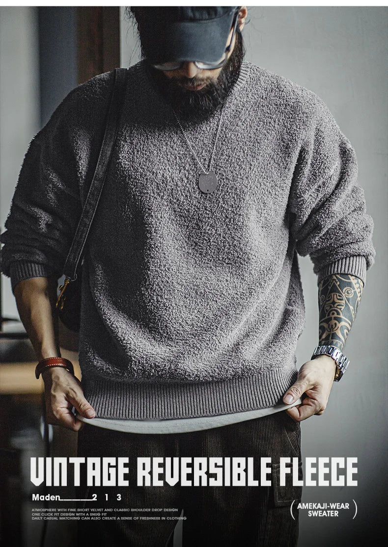 Maden New Retro Grey girocollo maglione foderato in pile caldo Versatile Pullover per uomo con top larghi per l'autunno e l'inverno - StepByStepNow