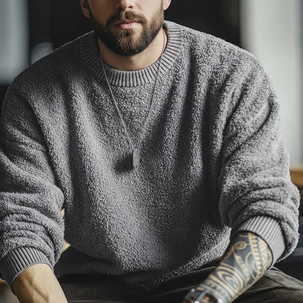 Maden New Retro Grey girocollo maglione foderato in pile caldo Versatile Pullover per uomo con top larghi per l'autunno e l'inverno - StepByStepNow