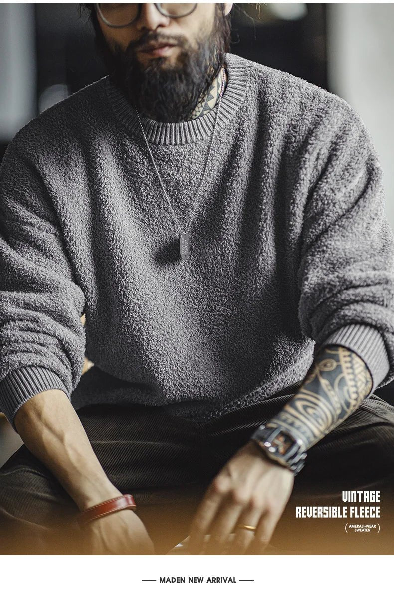 Maden New Retro Grey girocollo maglione foderato in pile caldo Versatile Pullover per uomo con top larghi per l'autunno e l'inverno - StepByStepNow