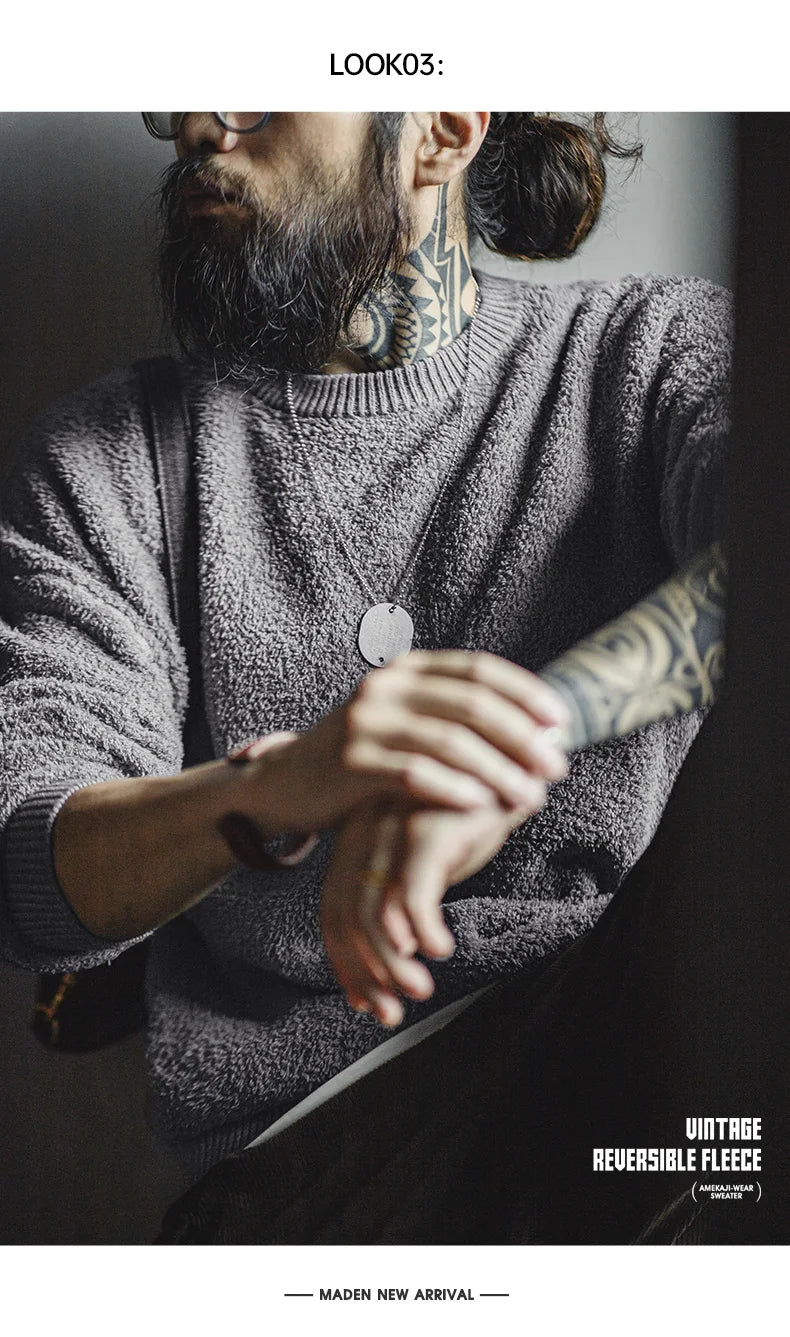 Maden New Retro Grey girocollo maglione foderato in pile caldo Versatile Pullover per uomo con top larghi per l'autunno e l'inverno - StepByStepNow