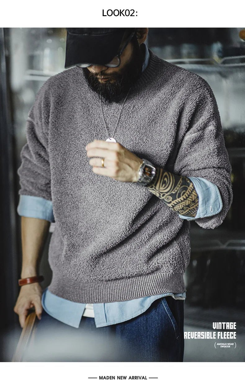Maden New Retro Grey girocollo maglione foderato in pile caldo Versatile Pullover per uomo con top larghi per l'autunno e l'inverno - StepByStepNow