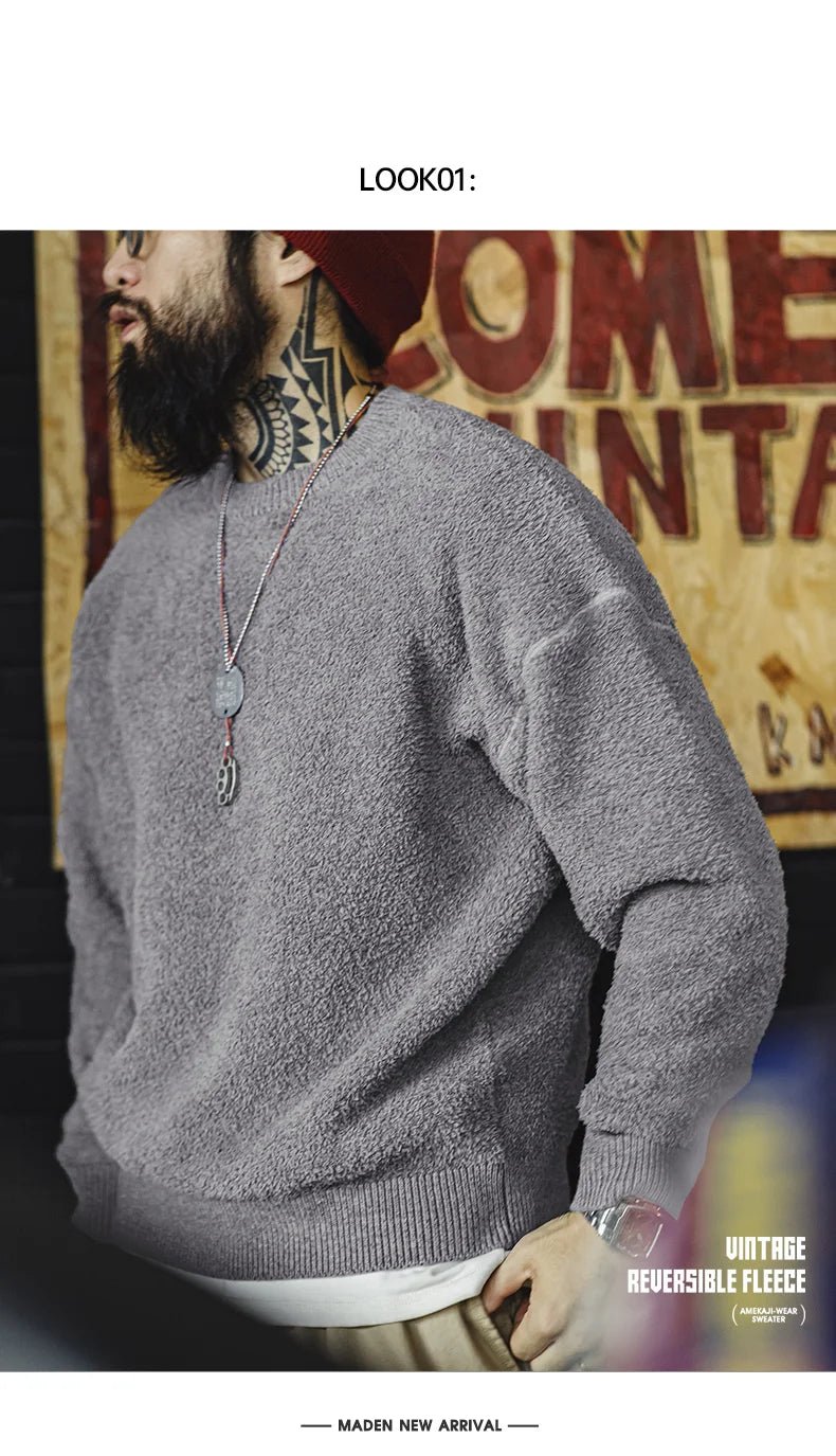 Maden New Retro Grey girocollo maglione foderato in pile caldo Versatile Pullover per uomo con top larghi per l'autunno e l'inverno - StepByStepNow