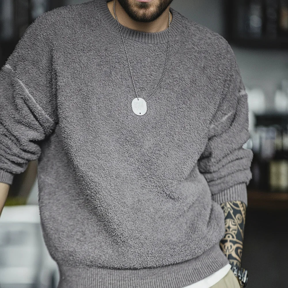 Maden New Retro Grey girocollo maglione foderato in pile caldo Versatile Pullover per uomo con top larghi per l'autunno e l'inverno - StepByStepNow