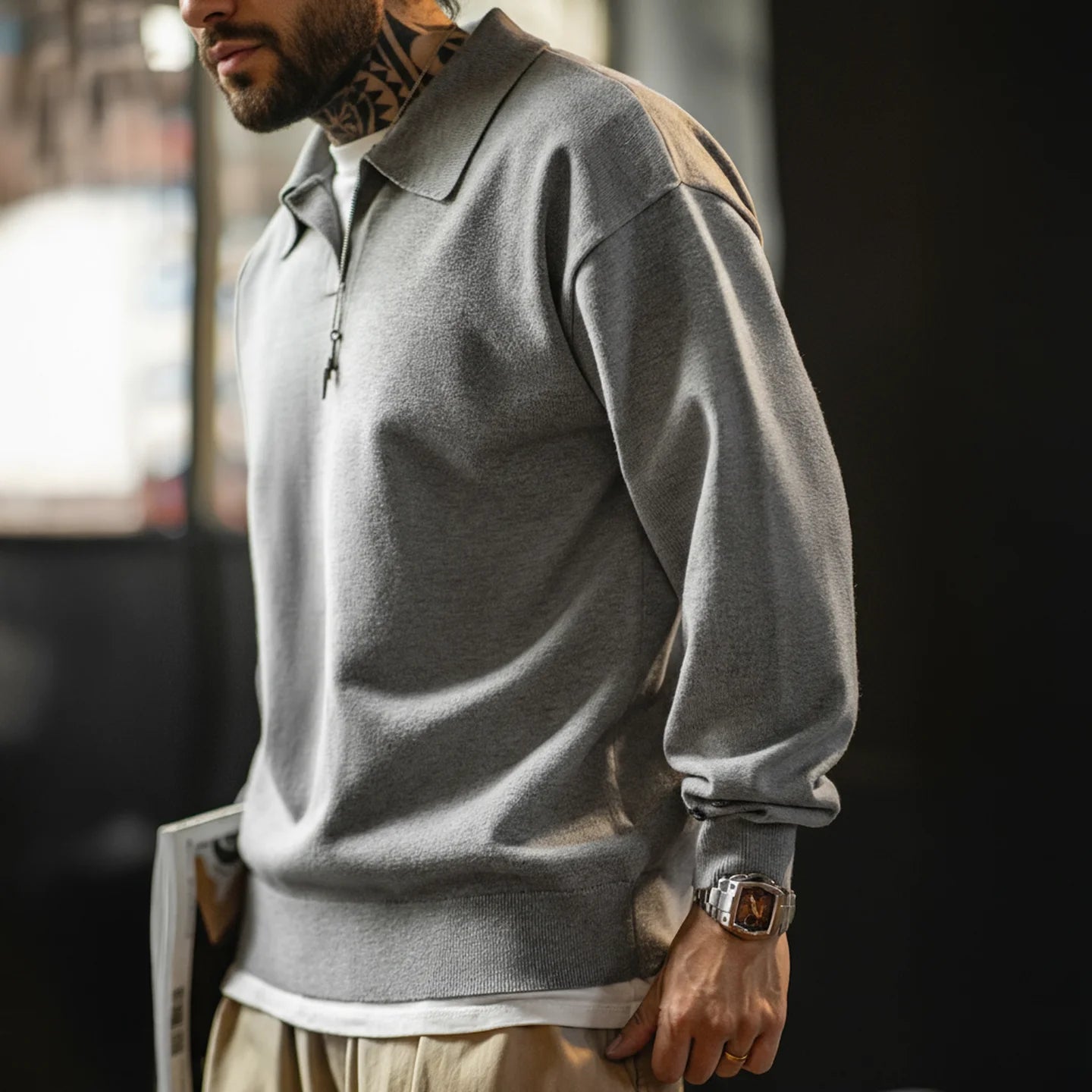 Maden Polo da uomo vintage lavorata a maglia tinta unita felpa a maniche lunghe morbida risvolto strato pullover maglieria per pendolari autunnali - StepByStepNow