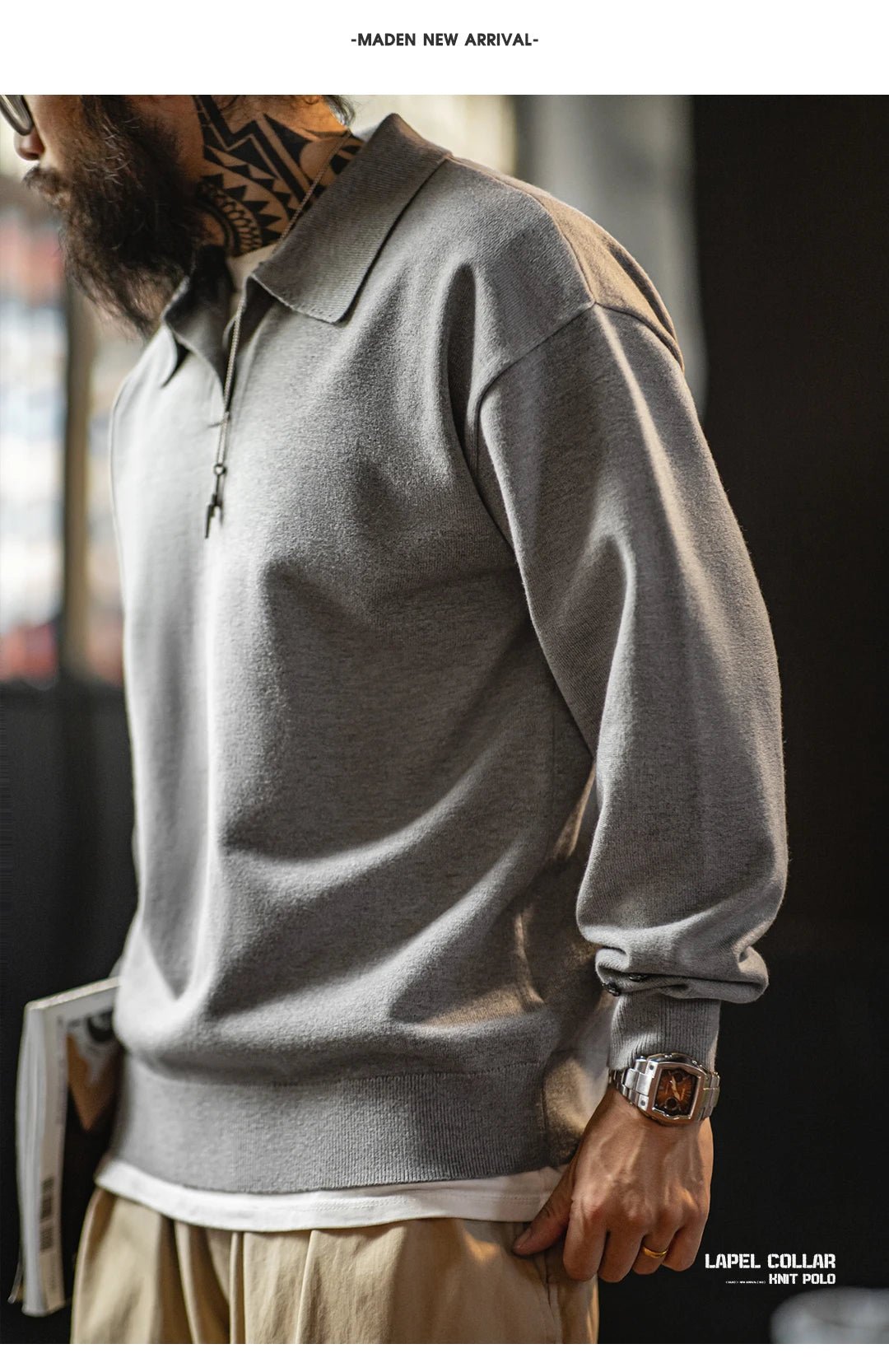 Maden Polo da uomo vintage lavorata a maglia tinta unita felpa a maniche lunghe morbida risvolto strato pullover maglieria per pendolari autunnali - StepByStepNow