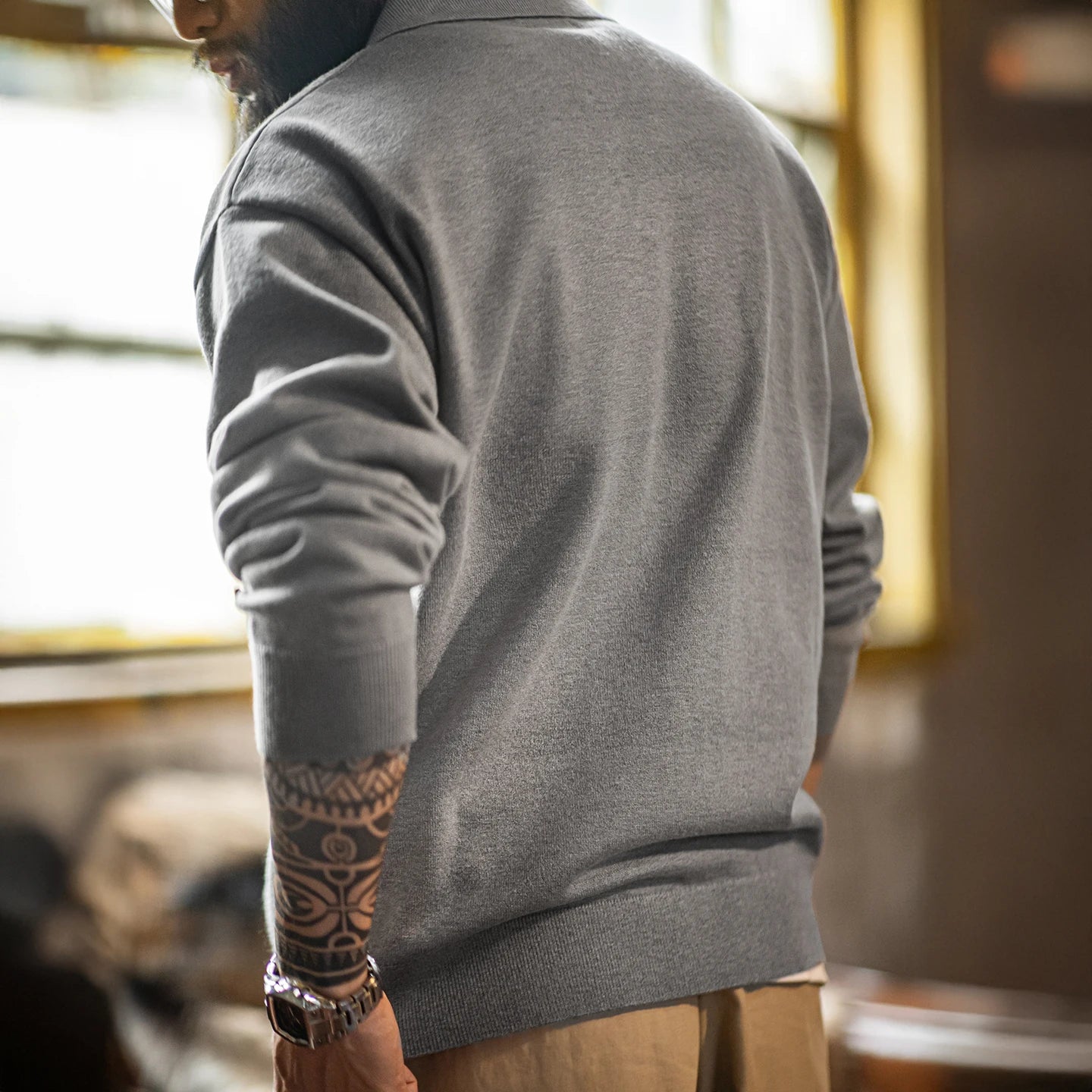 Maden Polo da uomo vintage lavorata a maglia tinta unita felpa a maniche lunghe morbida risvolto strato pullover maglieria per pendolari autunnali - StepByStepNow