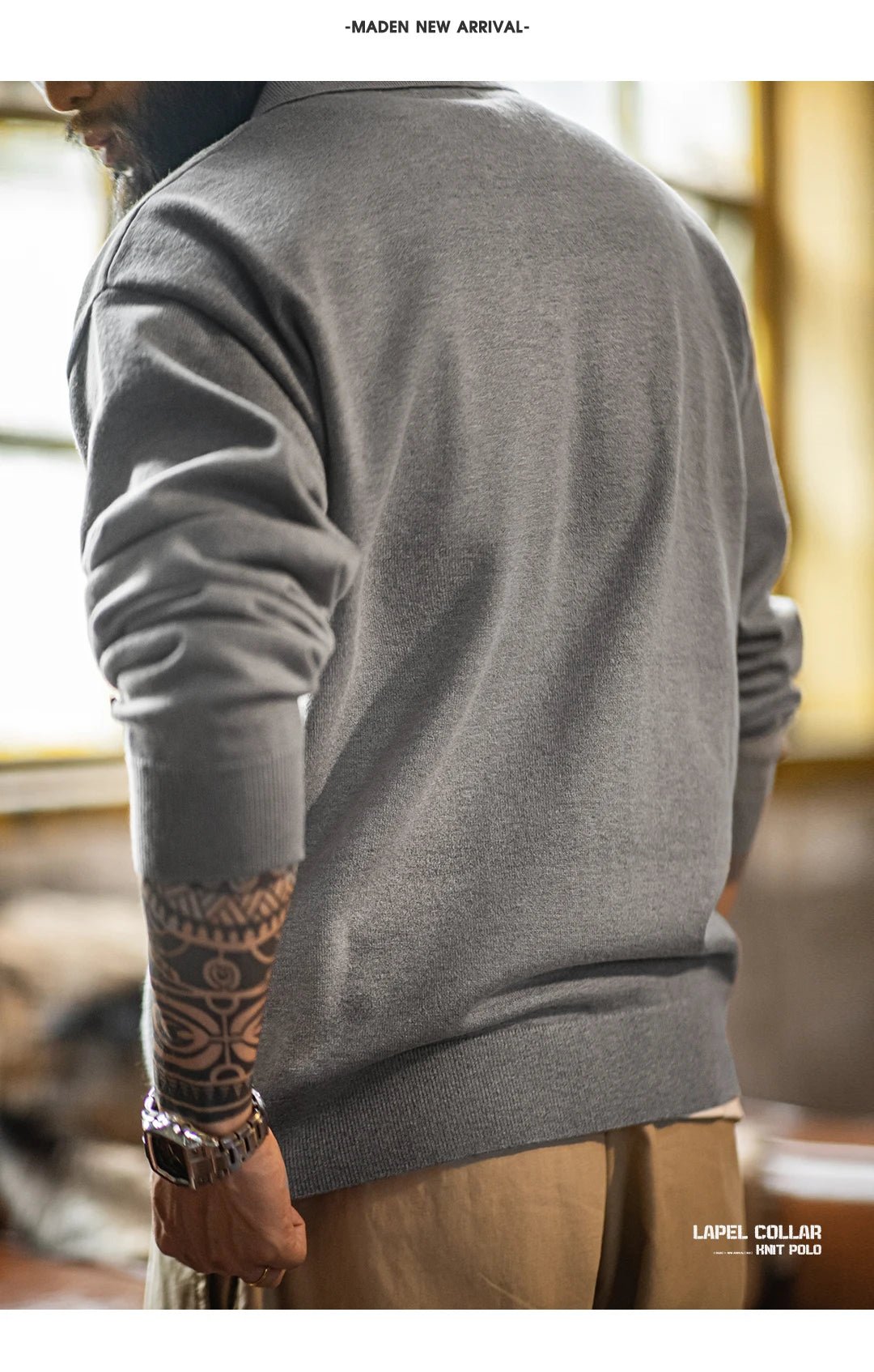 Maden Polo da uomo vintage lavorata a maglia tinta unita felpa a maniche lunghe morbida risvolto strato pullover maglieria per pendolari autunnali - StepByStepNow