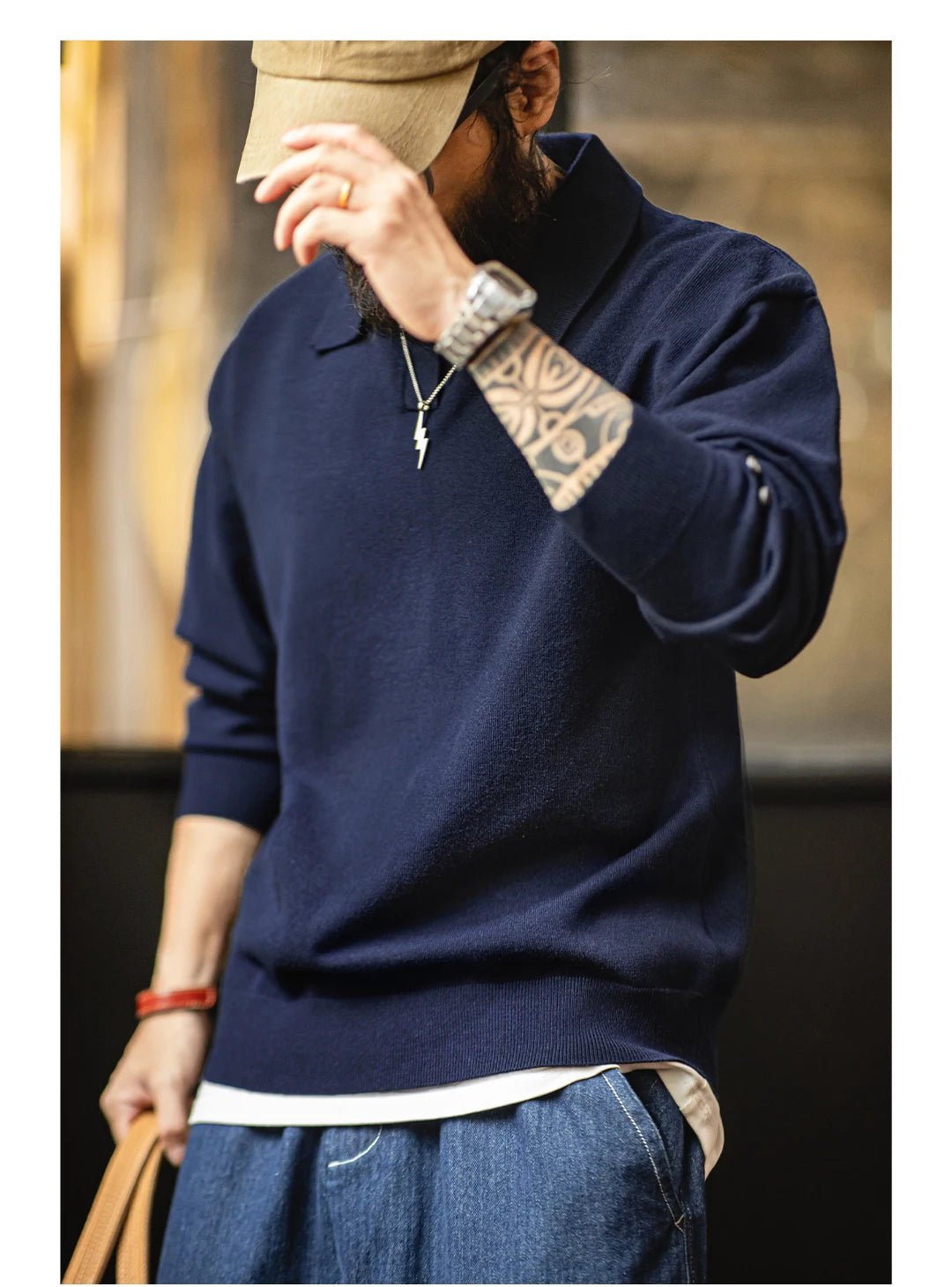 Maden Polo da uomo vintage lavorata a maglia tinta unita felpa a maniche lunghe morbida risvolto strato pullover maglieria per pendolari autunnali - StepByStepNow