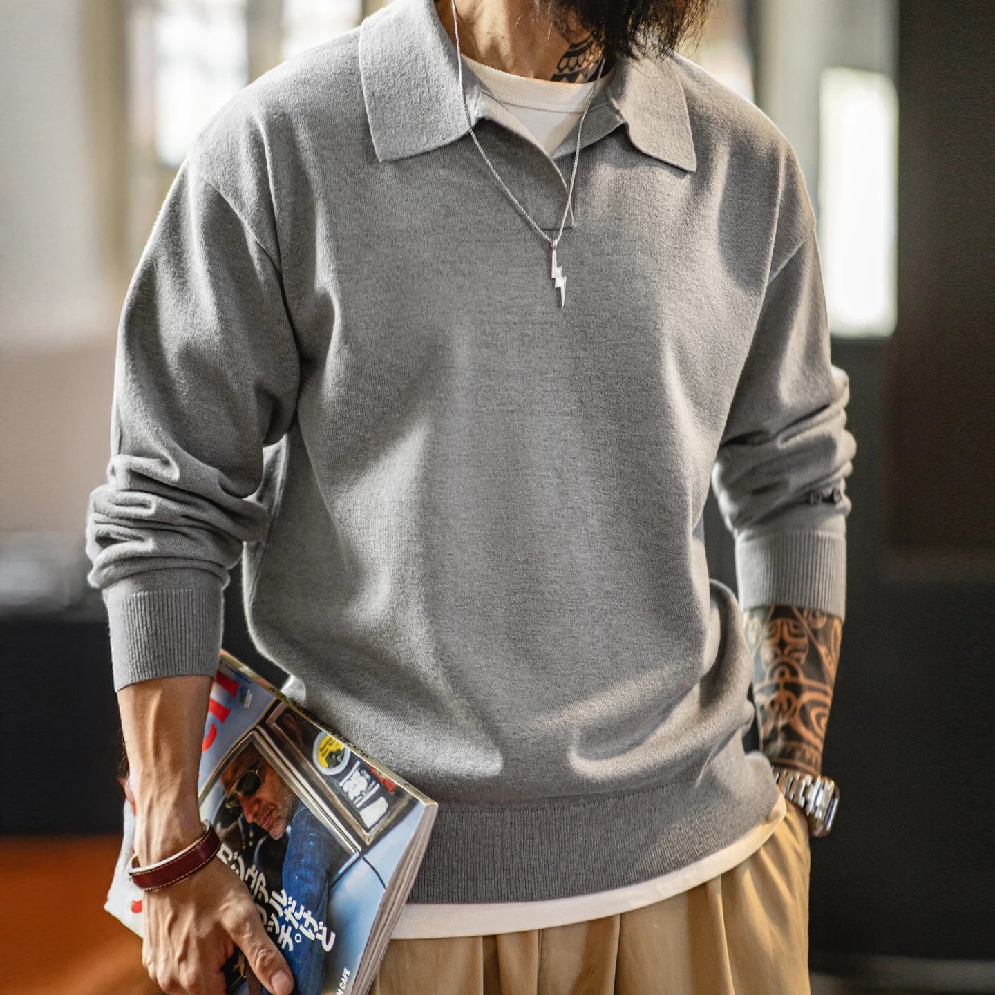 Maden Polo da uomo vintage lavorata a maglia tinta unita felpa a maniche lunghe morbida risvolto strato pullover maglieria per pendolari autunnali - StepByStepNow