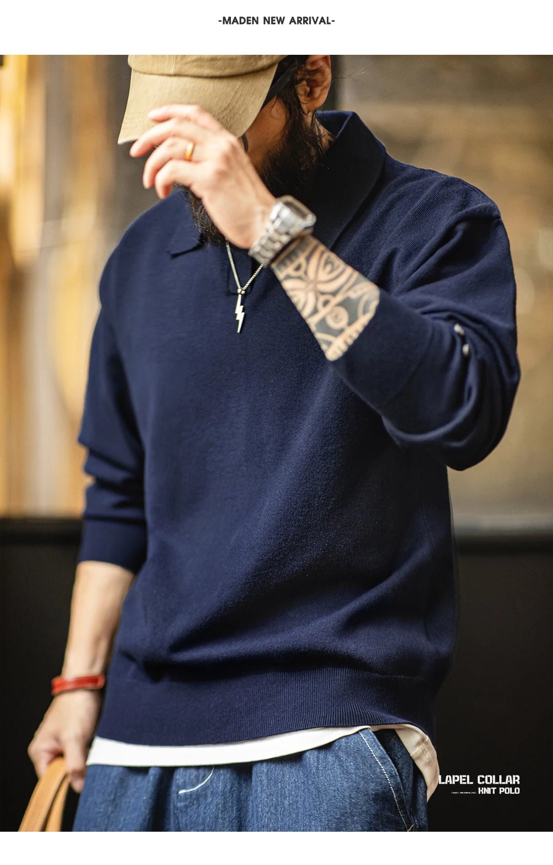 Maden Polo da uomo vintage lavorata a maglia tinta unita felpa a maniche lunghe morbida risvolto strato pullover maglieria per pendolari autunnali - StepByStepNow