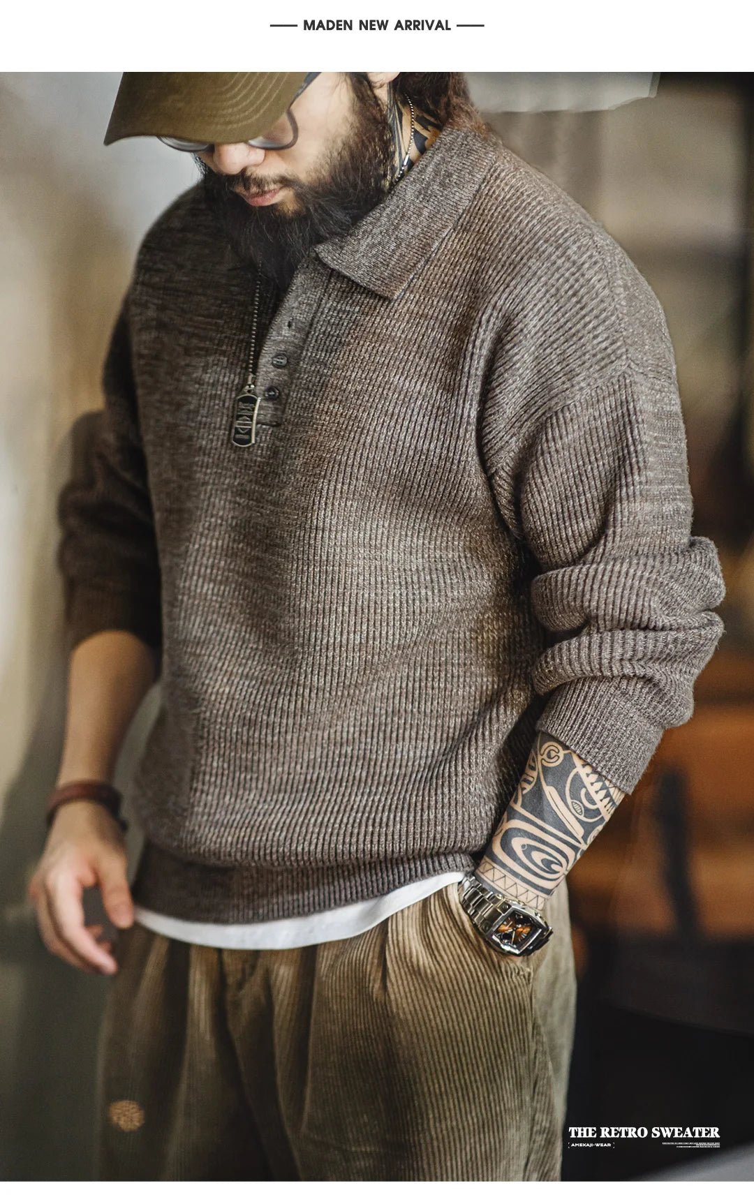 Maden Polo lavorata a maglia retrò maglione con risvolto color caffè allentato autunno inverno uomo zio Fu maglione maglieria casual - StepByStepNow