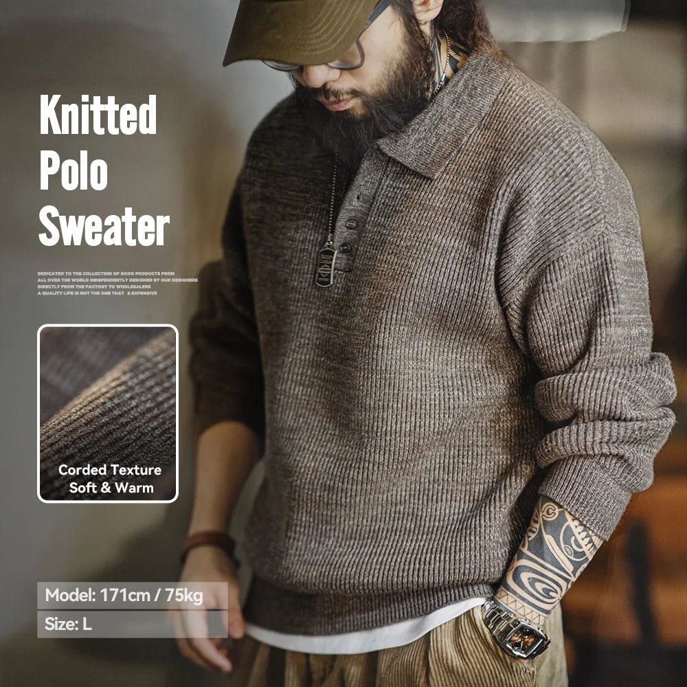 Maden Polo lavorata a maglia retrò maglione con risvolto color caffè allentato autunno inverno uomo zio Fu maglione maglieria casual - StepByStepNow