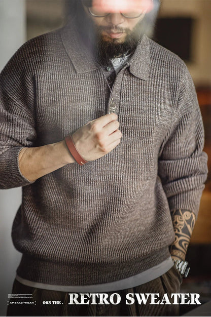 Maden Polo lavorata a maglia retrò maglione con risvolto color caffè allentato autunno inverno uomo zio Fu maglione maglieria casual - StepByStepNow