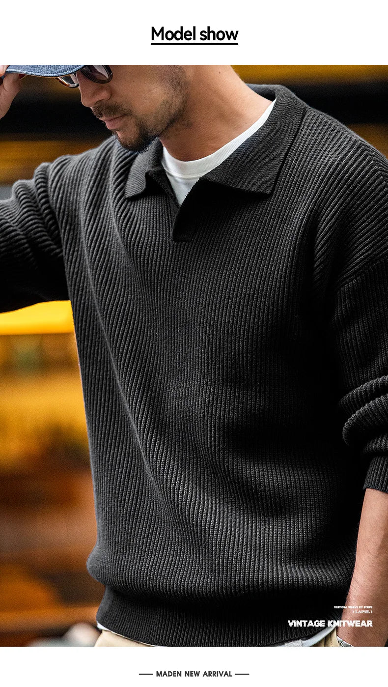 Maden Polo retrò con collo a polo in maglia verticale, pullover pigro, maglione da uomo, autunno e inverno, bavero morbido e caldo - StepByStepNow