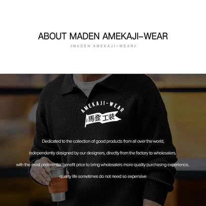 Maden Polo retrò con collo a polo in maglia verticale, pullover pigro, maglione da uomo, autunno e inverno, bavero morbido e caldo - StepByStepNow