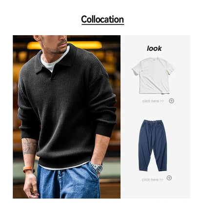 Maden Polo retrò con collo a polo in maglia verticale, pullover pigro, maglione da uomo, autunno e inverno, bavero morbido e caldo - StepByStepNow