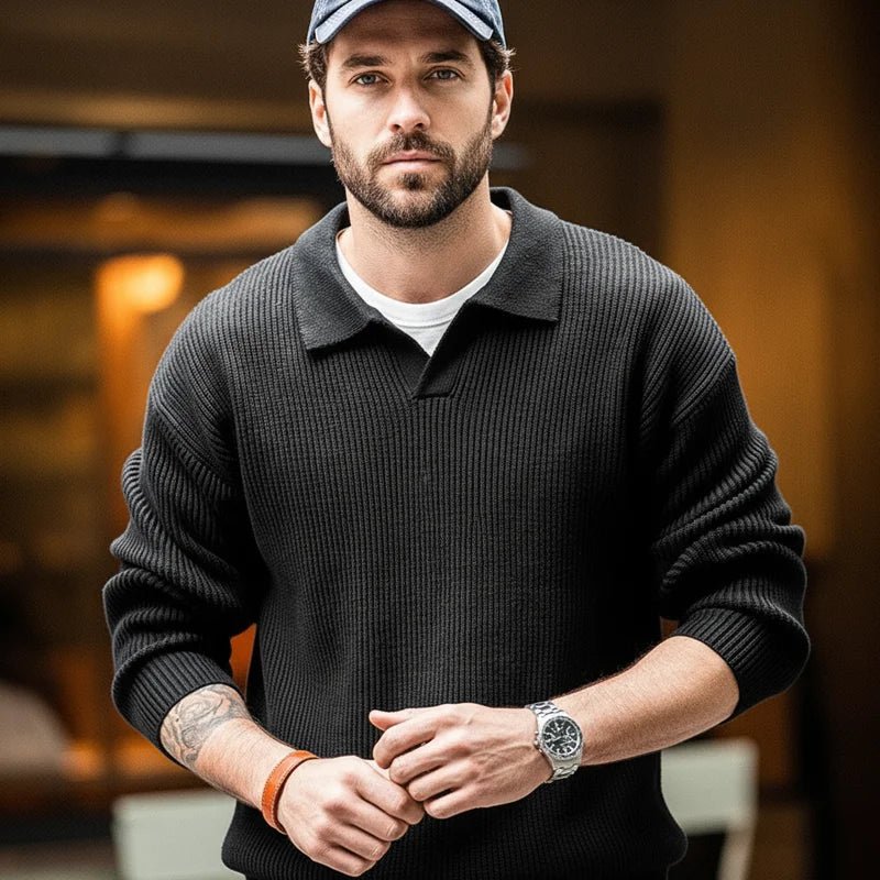 Maden Polo retrò con collo a polo in maglia verticale, pullover pigro, maglione da uomo, autunno e inverno, bavero morbido e caldo - StepByStepNow