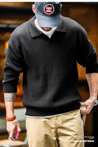 Maden Polo retrò con collo a polo in maglia verticale, pullover pigro, maglione da uomo, autunno e inverno, bavero morbido e caldo - StepByStepNow