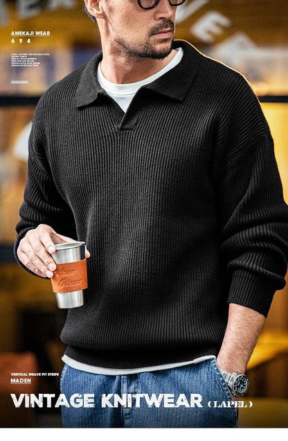 Maden Polo retrò con collo a polo in maglia verticale, pullover pigro, maglione da uomo, autunno e inverno, bavero morbido e caldo - StepByStepNow