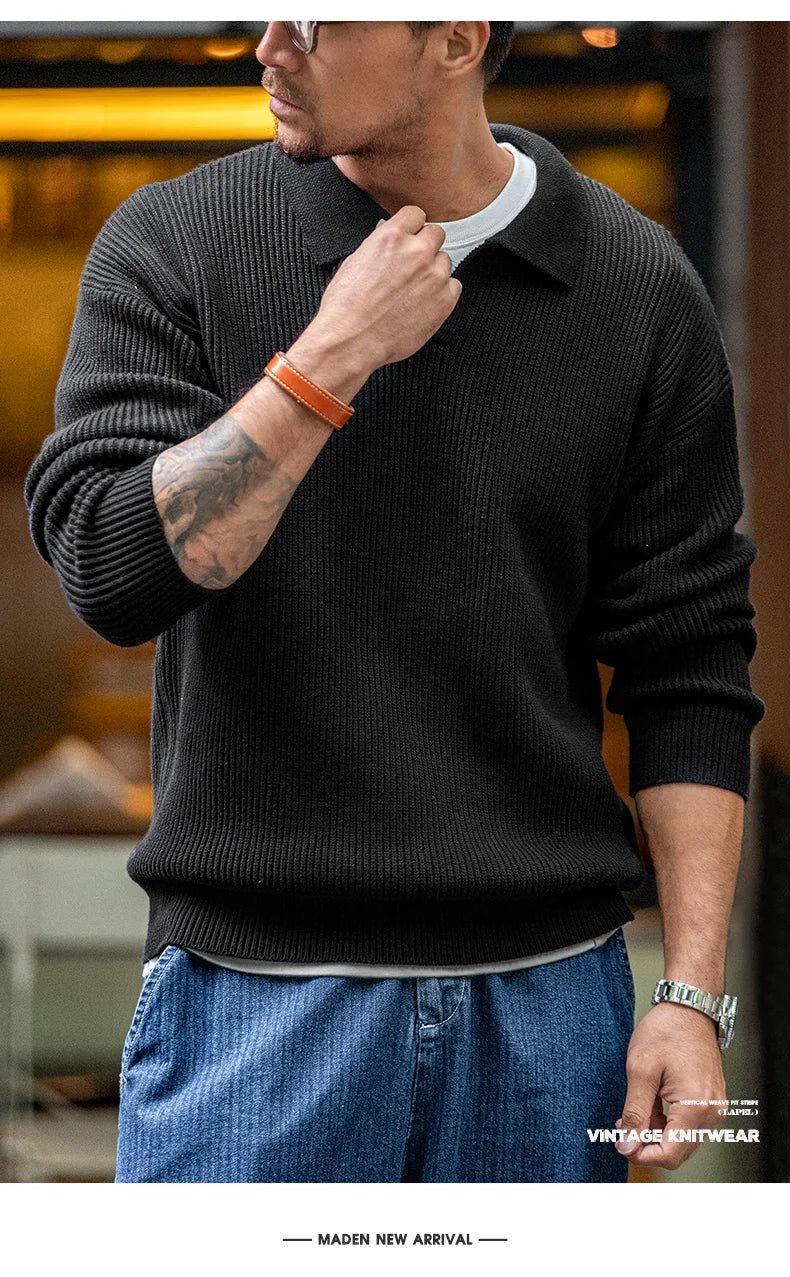 Maden Polo retrò con collo a polo in maglia verticale, pullover pigro, maglione da uomo, autunno e inverno, bavero morbido e caldo - StepByStepNow