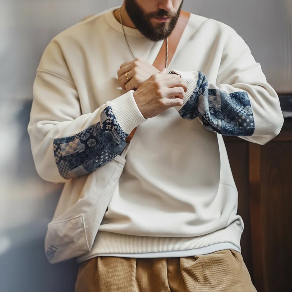 Maden Vintage Boro Patchwork Felpa Casual Girocollo Top Classico Pullover da Uomo per la Primavera e l'Autunno Moda Streetwear - StepByStepNow