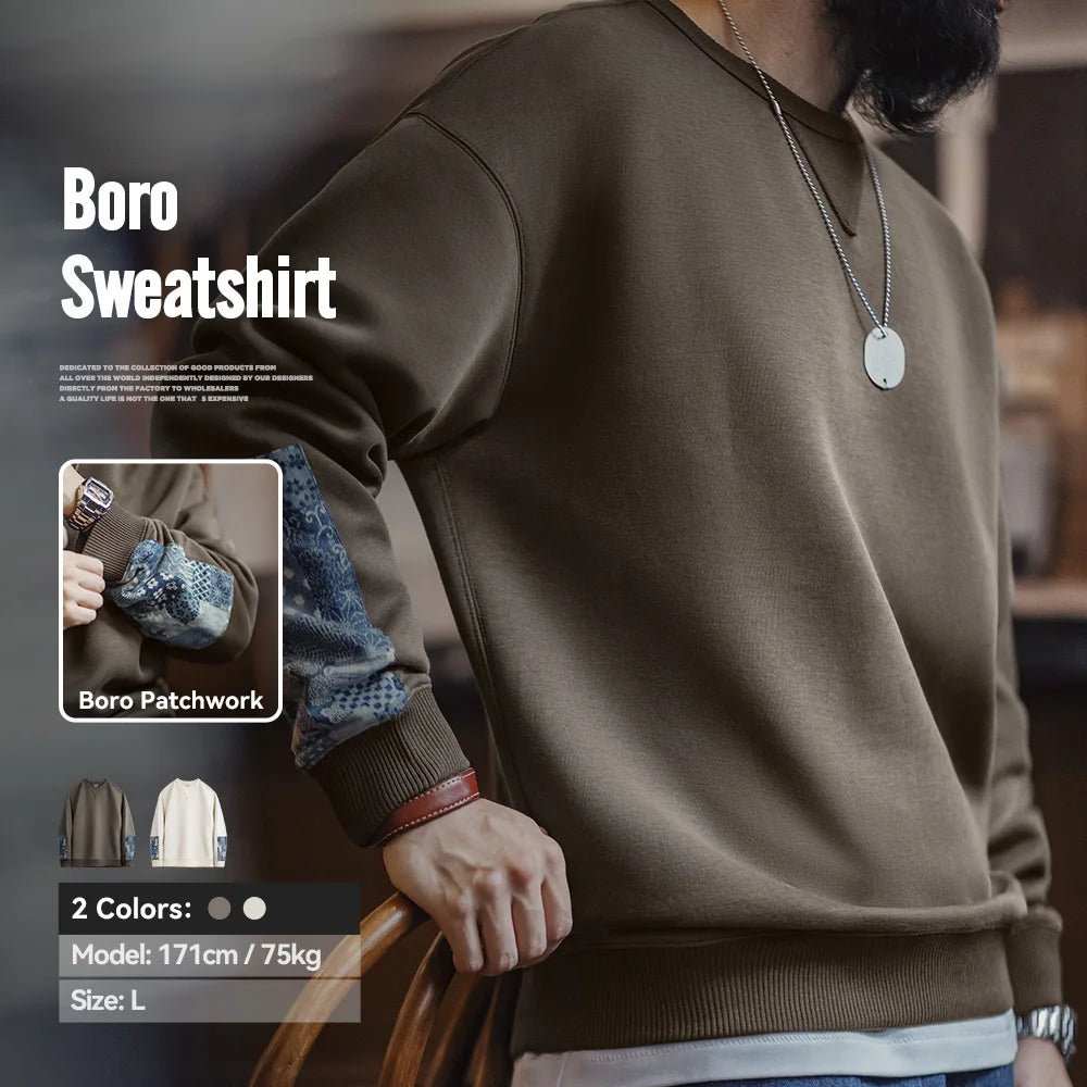 Maden Vintage Boro Patchwork Felpa Casual Girocollo Top Classico Pullover da Uomo per la Primavera e l'Autunno Moda Streetwear - StepByStepNow