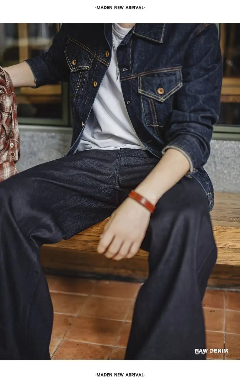 Maden Vintage Jeans da uomo in denim grezzo con cimosa da 15,6 once Pantaloni a gamba larga con cerniera YKK Jeans dritti per l'autunno e l'inverno - StepByStepNow