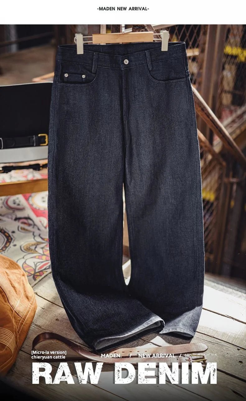 Maden Vintage Jeans da uomo in denim grezzo con cimosa da 15,6 once Pantaloni a gamba larga con cerniera YKK Jeans dritti per l'autunno e l'inverno - StepByStepNow