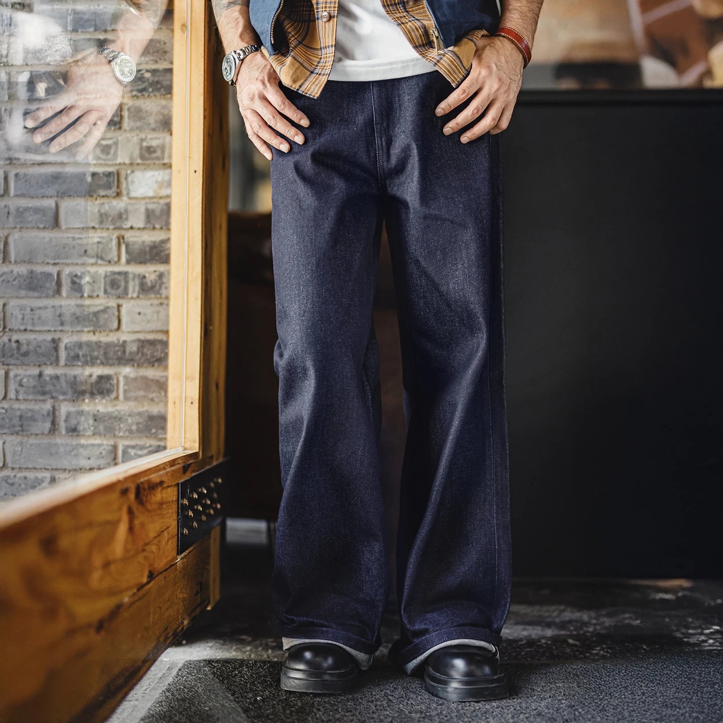 Maden Vintage Jeans da uomo in denim grezzo con cimosa da 15,6 once Pantaloni a gamba larga con cerniera YKK Jeans dritti per l'autunno e l'inverno - StepByStepNow