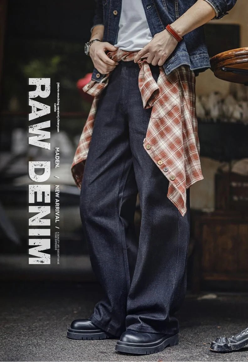 Maden Vintage Jeans da uomo in denim grezzo con cimosa da 15,6 once Pantaloni a gamba larga con cerniera YKK Jeans dritti per l'autunno e l'inverno - StepByStepNow