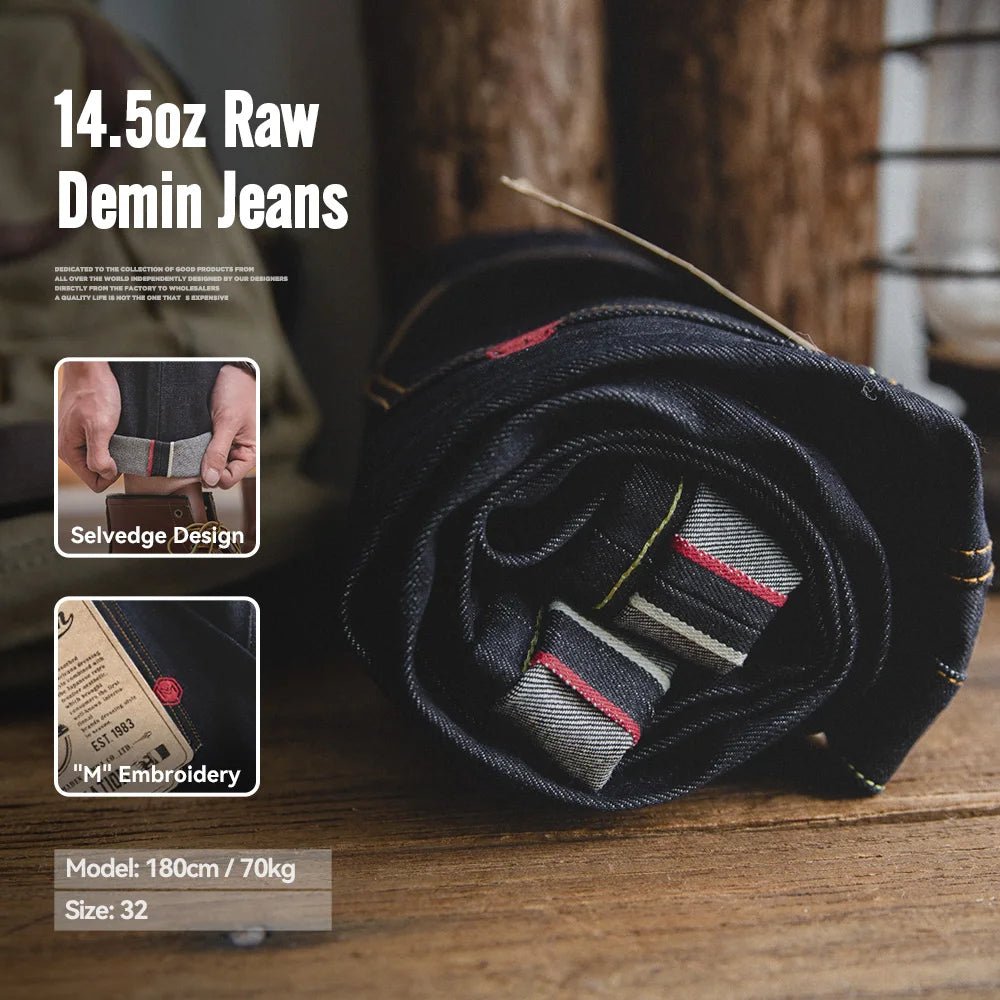 Maden Vintage Jeans in denim grezzo con cimosa da 14,5 once con cerniera YKK Jeans dritti con ricamo a mosca Pantaloni classici da uomo in tinta unita - StepByStepNow