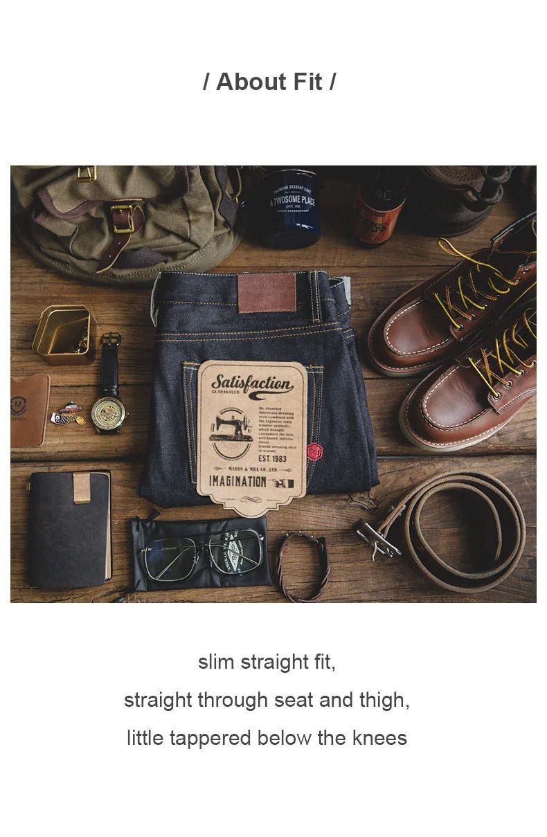 Maden Vintage Jeans in denim grezzo con cimosa da 14,5 once con cerniera YKK Jeans dritti con ricamo a mosca Pantaloni classici da uomo in tinta unita - StepByStepNow