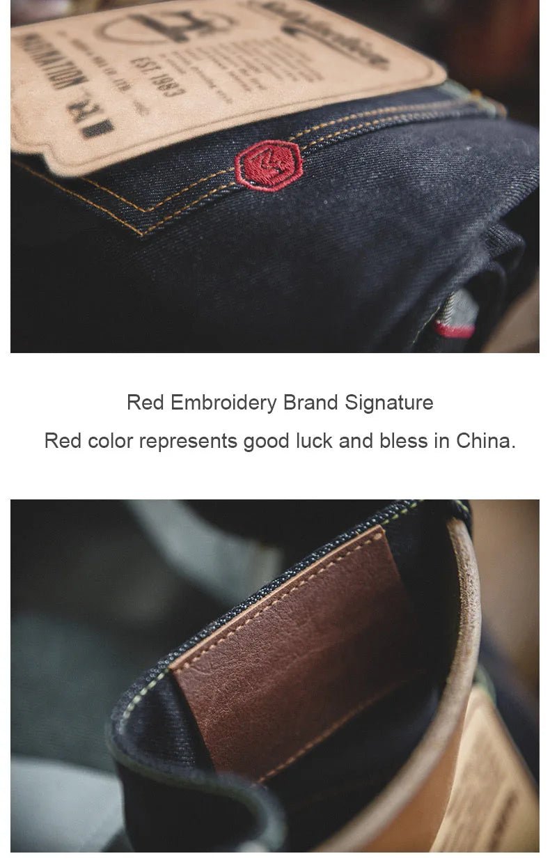 Maden Vintage Jeans in denim grezzo con cimosa da 14,5 once con cerniera YKK Jeans dritti con ricamo a mosca Pantaloni classici da uomo in tinta unita - StepByStepNow