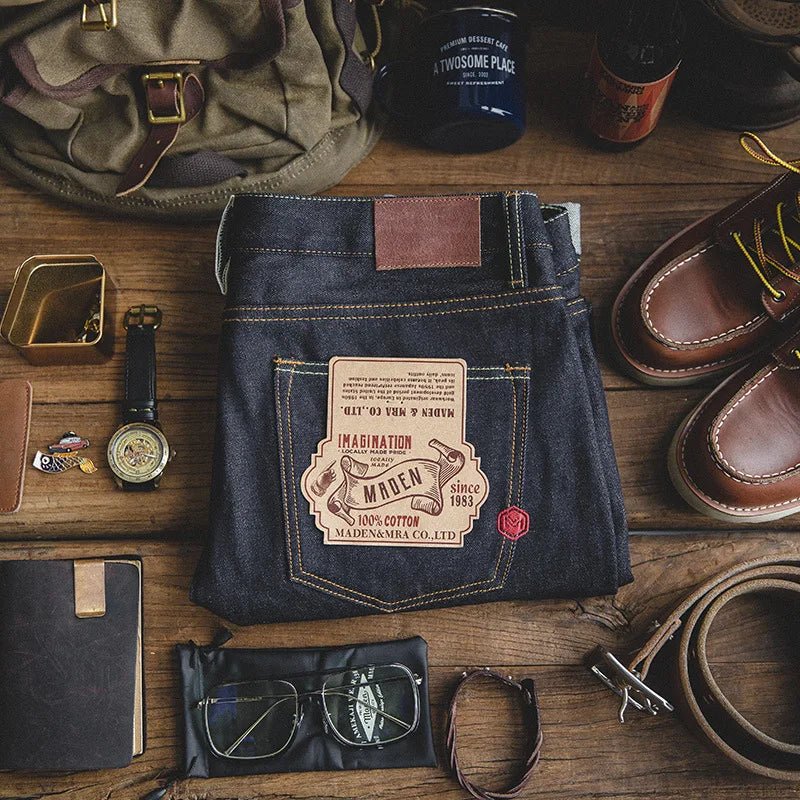 Maden Vintage Jeans in denim grezzo con cimosa da 14,5 once con cerniera YKK Jeans dritti con ricamo a mosca Pantaloni classici da uomo in tinta unita - StepByStepNow