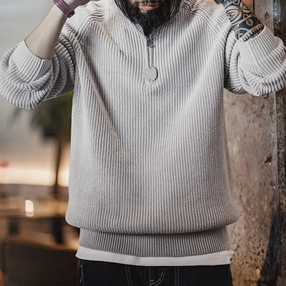 Maden Vintage Tinta unita Caldo maglione lavorato a maglia Mezza zip Colletto alla coreana Pullover per uomo Autunno e inverno Versatile maglieria Top - StepByStepNow