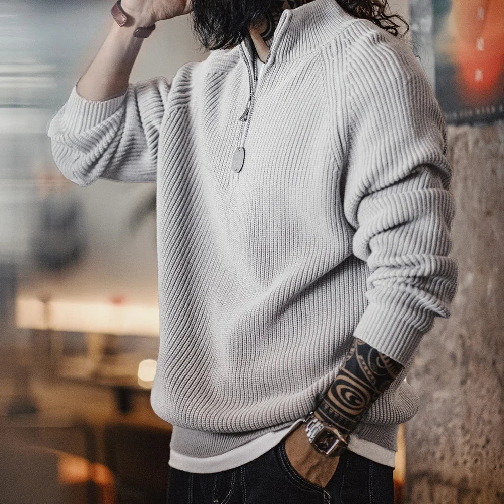 Maden Vintage Tinta unita Caldo maglione lavorato a maglia Mezza zip Colletto alla coreana Pullover per uomo Autunno e inverno Versatile maglieria Top - StepByStepNow