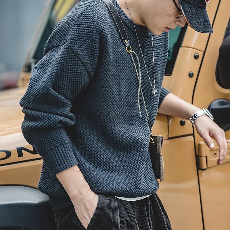 Maden Workwear Maglione da uomo vintage pesante con motivo ananas grigio, girocollo ispessito, maglia autunnale pigra - StepByStepNow