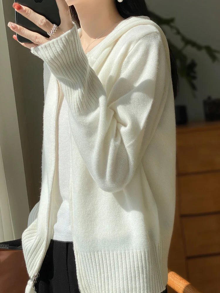 Maglione cardigan in lana merino 100% autunno inverno donna cerniera felpa con cappuccio manica lunga colori puri maglieria in cashmere abbigliamento femminile - StepByStepNow