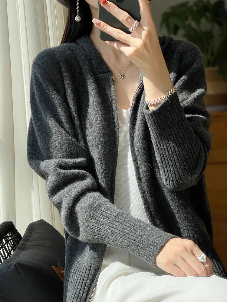 Maglione cardigan in lana merino 100% autunno inverno donna cerniera felpa con cappuccio manica lunga colori puri maglieria in cashmere abbigliamento femminile - StepByStepNow