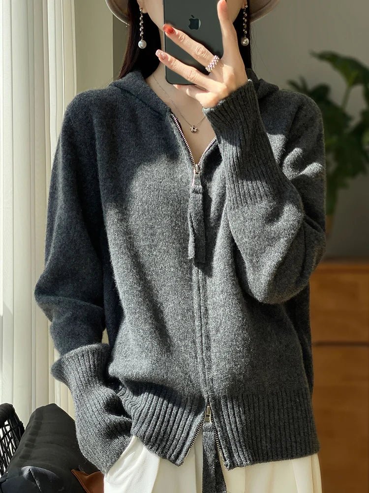Maglione cardigan in lana merino 100% autunno inverno donna cerniera felpa con cappuccio manica lunga colori puri maglieria in cashmere abbigliamento femminile - StepByStepNow