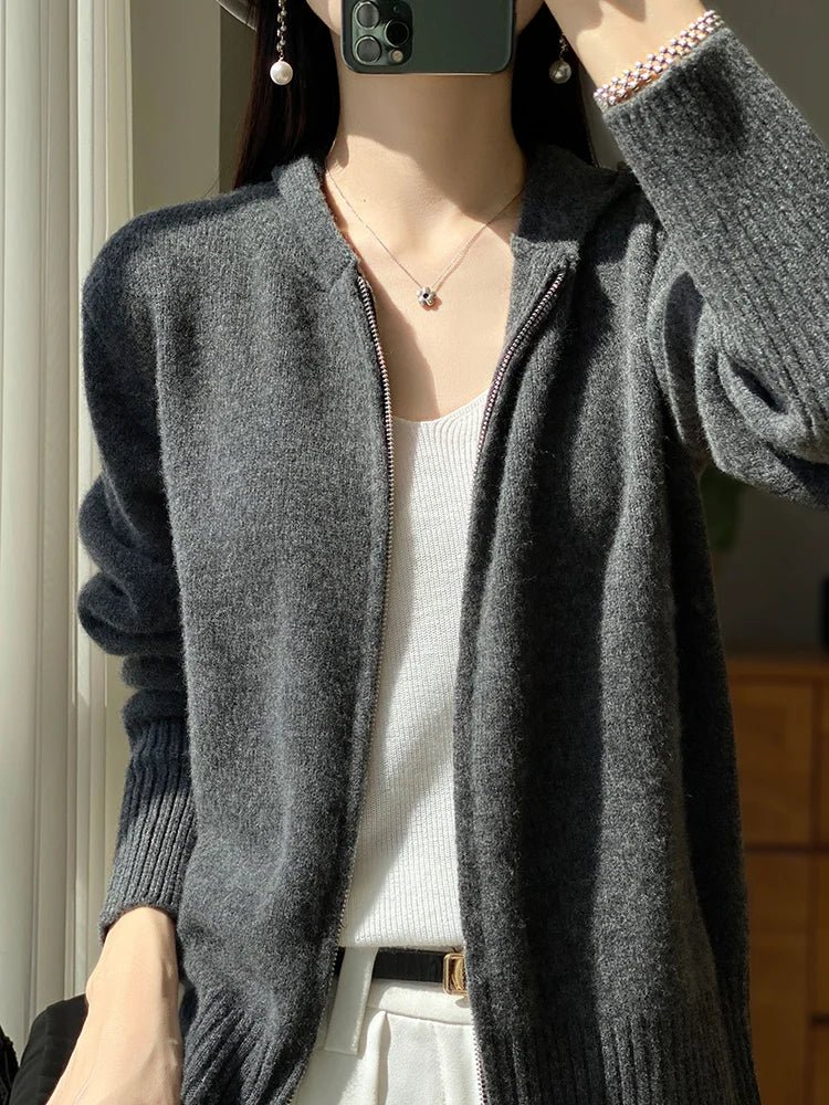Maglione cardigan in lana merino 100% autunno inverno donna cerniera felpa con cappuccio manica lunga colori puri maglieria in cashmere abbigliamento femminile - StepByStepNow