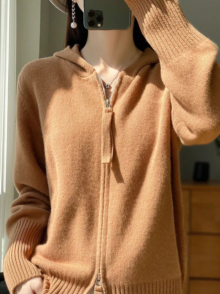 Maglione cardigan in lana merino 100% autunno inverno donna cerniera felpa con cappuccio manica lunga colori puri maglieria in cashmere abbigliamento femminile - StepByStepNow