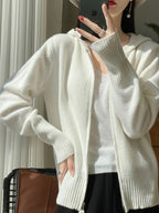 Maglione cardigan in lana merino 100% autunno inverno donna cerniera felpa con cappuccio manica lunga colori puri maglieria in cashmere abbigliamento femminile - StepByStepNow